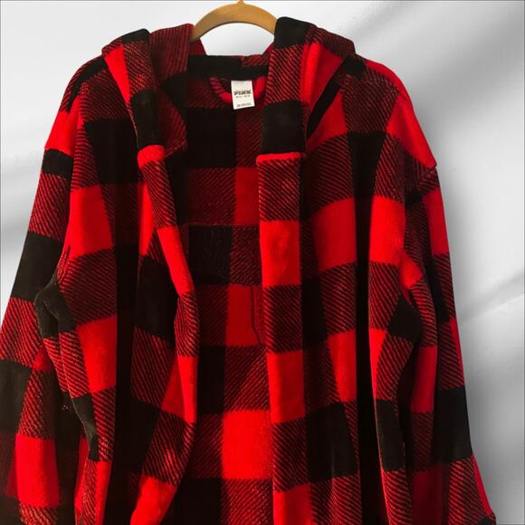 Victorias Secret Plush Robe Cardigan M/L Silver Sequin Dog Logo Red Black Check - Picture 3 of 11